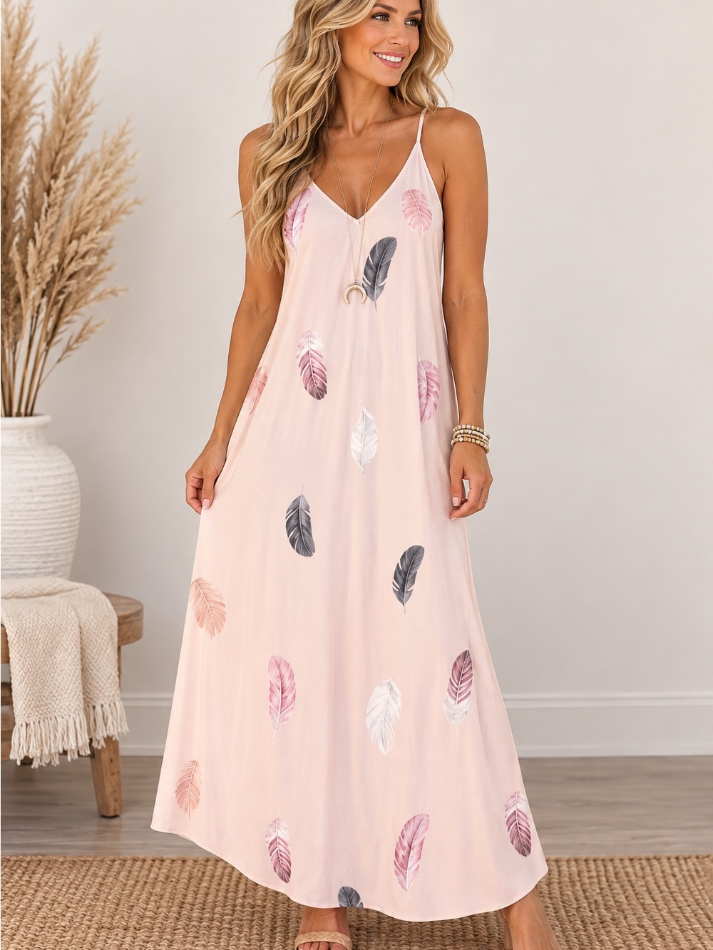 Women's Pink Feather Print Maxi Dress